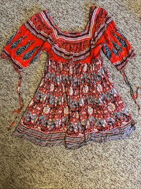 Free People Red Floral Backless Boho Mini Dress